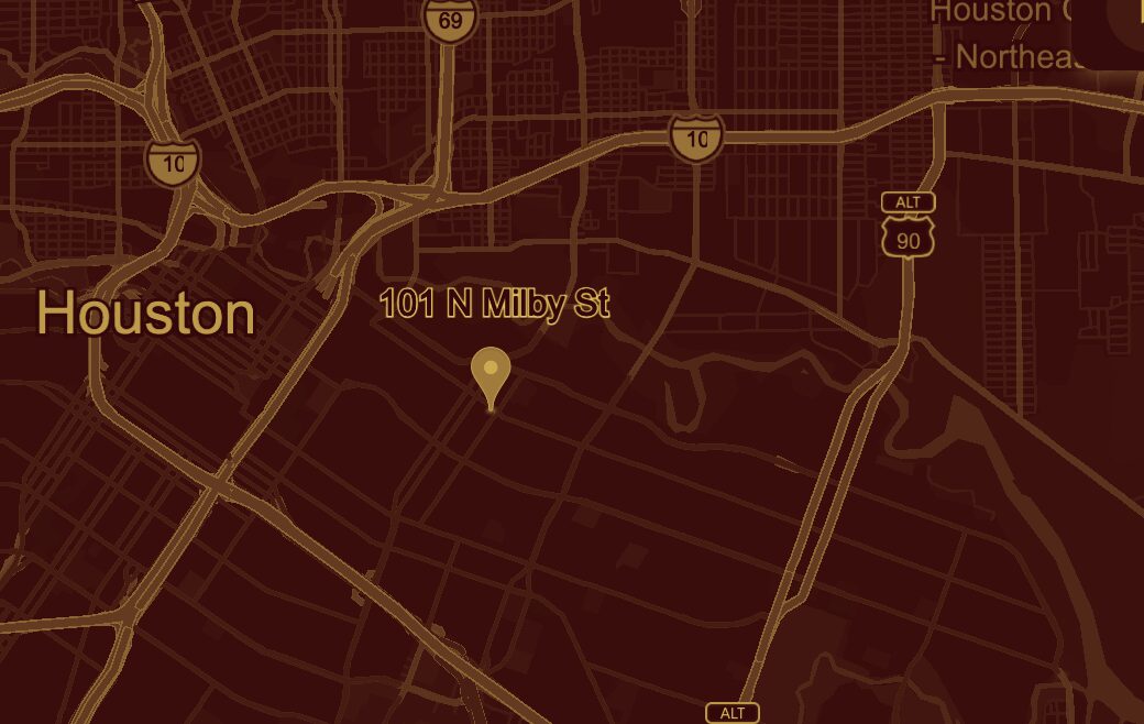 Map of EaDo, Houston showing Dusty Jo's Debonaire Depot at 101 N Milby St